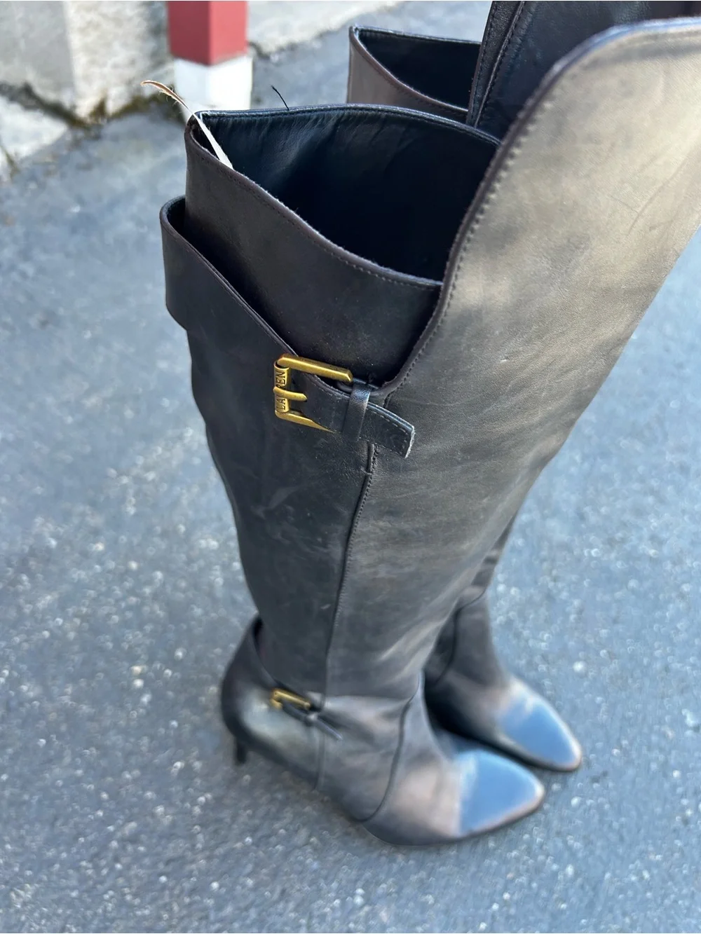 Lauren Ralph Lauren Black Leather Knee-High Boots with Gold Buckles Size 8B